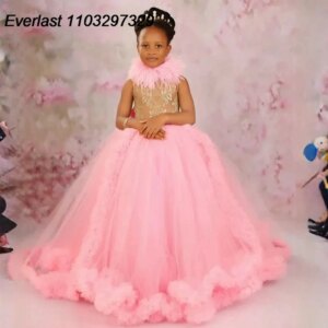 EVLAS Customized African Flower Girl Dress Feather Lace Girl’s Dress for Wedding Bow Communication Gowns Ruffled Kids TFD135