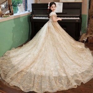 Customized Champagne Shiny Sequined Flower Girl Dresses For Wedding 2025 Princess Kids Piano Performance First Communion Gown