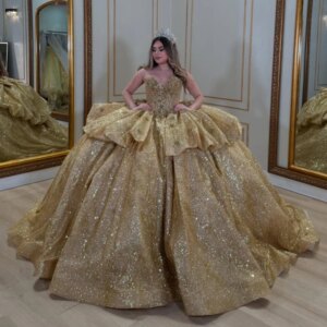 Gold Shiny Quinceanera Dresses Off Shoulder Ball Gown Sweet 16 Dress Applique Lace Beading Tull Birthday Party Vestidos 15 Anos