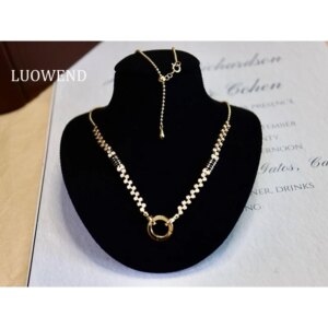 LUOWEND 18K Yellow Gold Necklace Women Romantic Star Style Real Natural Diamond and Onyx Universal Buckle Necklace High Jewelry