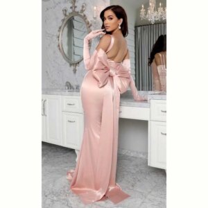 Fashion Elegant Pink Satin Women Evening Party Dresses Spaghetti Strap Floor Length Trumpet Sexy Backless Bow Female Prom Gowns