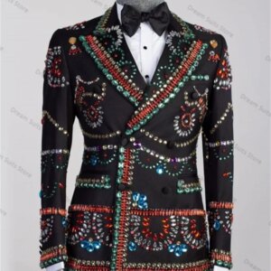 Luxury Crystals Men Suit Pants Set 2 Piece Black Blazer+Trousers Customized Formal Office Jacket Prom Groom Wedding Tuxedo Coat