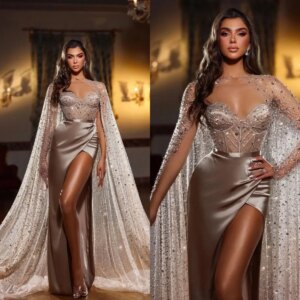 Exquisite Mermaid Evening Dress With Cloak Crystal Beaded Pearls Sweetheart Neck Prom Gown High Split Formal Dresses Custom Made