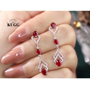 KUGG 100% 18K White Gold Earrings Elegant Shiny Design Luxury Diamond Natural Ruby Drop Earrings for Women High Wedding Jewelry