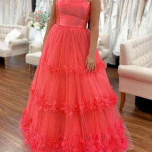 Vintage Long Strapless Coral Pink Tulle Prom Dresses Sleeveless with Appliques A Line Floor Length  Vestido Formatura