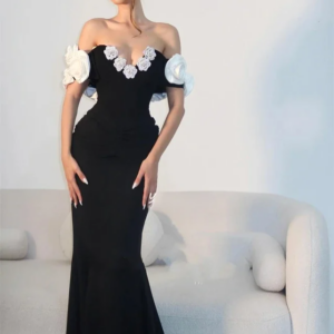 Little Daisy Customized Modern Style Jersey Applique Flower Handmade Flower Sheath Off-the-shoulder Strapless Long Dresses Cockt