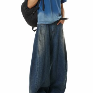 American Retro Distressed Dirty Dyed Design Machete Jeans Loose Wide Leg Draped Casual Pants