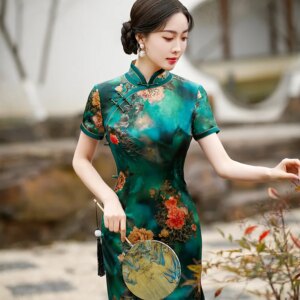 Cheongsam Qipao Women’s Retro Improved Quality Real Silk Cheongsam Qipao Dress Mid-Length Chinese Dress