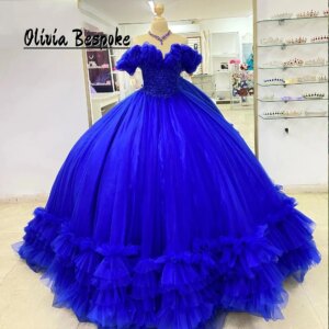 Chic King Blue Quinceanera Dresses Beads Applique Ruched Train Ball Gown With Bow Mexican Wedding vestidos de xv años Customized