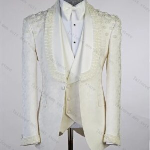 White Jacquard Men Suit Set 2 Pieces Pearls Blazer+Pant Formal Office Male Jacket Prom Cotton Coat Trouser Groom Wedding Tuxedos