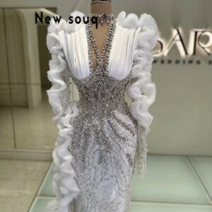 Elegant Women Evening Dresses White Ruffles Long Sleeve Aso Ebi Pearls Prom Dress Cocktail Vestidos De Gala Wedding Party Gowns