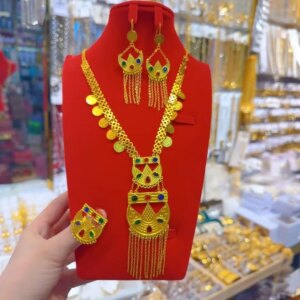 Dubai European New 24K Gold Plated Necklace, Earrings, Rings, Romantic Wedding Party Gift Jewelry Set for Lovers YY10575