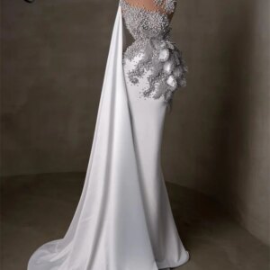 White Elegant Evening Dresses For Women Crystals Mermaid Celebrity Dress 2024 Cape Sleeve Pearls Beaded Prom Dresses Party Gowns
