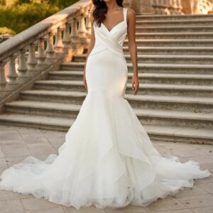 Sexy mermaid long V-neck wedding dress V-neck open after sweeping train tulle Vestidos de Novia beach bridal dress for women