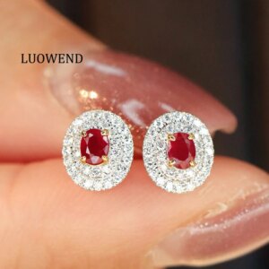 LUOWEND 100% 18K White Gold Earrings Classic Oval Shape Natural Ruby Stud Earrings for Women Wedding Luxury Diamond Jewelry