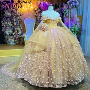 Gold Off The Shoulder Ruffles Quinceanera Dresses With Cape Ball Gown 3D Floral Lace Sweet 15 Años Mexican Customized