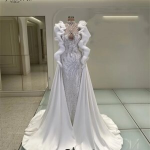 Ivory Dubai Wedding Dress Ruffled Sleeve Luxury Pearls Crystal Mermaid Bridal Dress with Court Train Vestidos de Noiva 2025 New