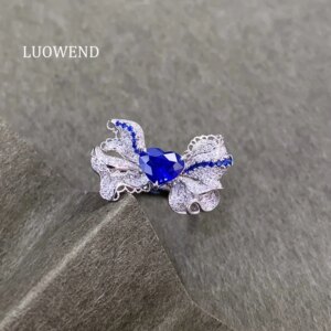 LUOWEND 100% 18K White Gold Rings Romantic Bowknot Design Natural Diamond Natural Sapphire Ring for Women Engagement Jewelry