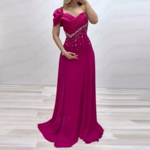 Customized A-Line Prom Dresses Floor-Length One-Shoulder Sleeveless Evening Gown Fashion Crystal Pleat Simple Draped Party Gown