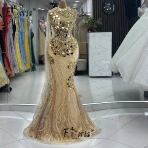 Gorgeous Arabic Gold Crystals Evening Dresses 2024 Sparkly Dubai Long Shawl Prom Gown Vestidos de Noche Celebrity Party Dress