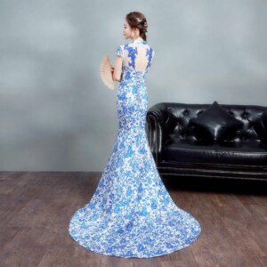 Oriental Long Tailed Dress Blue White Porcelain Slim Fit Improved Satin Cheongsam for Hosting Banquets Evening Dresses TP060