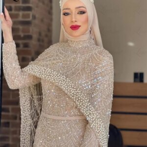 Dubai Design Heavy Beaded Champagne Evening Dress 2024 Customized Cape Sleeves Mermaid Party Gowns Aso Ebi Engagement Prom Dress