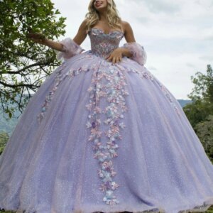 Lilac Shiny Quinceanera Dresses Off Shoulder Ball Gown Sweet 16 Dress Beads Applique Flower Bow Tull Birthday Party Vestidos 15
