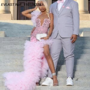 EVLAST Customized Sparkly Pink Ruffles Mermaid Prom Dress Black Girl High Slit Crystal Beaded Evening Birthday Party Gown TPD224