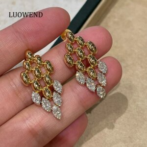 LUOWEND 100% 18K Yellow Gold Earrings Real Natural Diamond Drop Earrings for Women Luxury Elegant Style High Party Jewelry