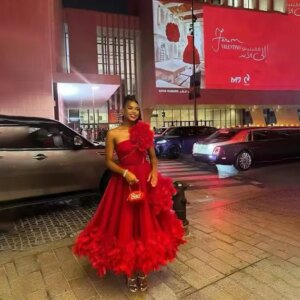 Custom Red One Shoulder Prom Dresses Black Girls Ruffles Evening Gowns With Feather Women Formal Occasion Cocktail Party Dress