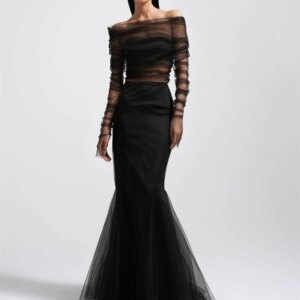 Customized Elegant Long Sleeve Tulle Black Evening Dresses Mermaid Pleated Floor Length Wedding Guest Dress for Women