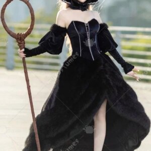 Miccosumes Women’s Marcille Donato Cosplay Costume Black Dress Set with Headscarf Sleeves and Ears
