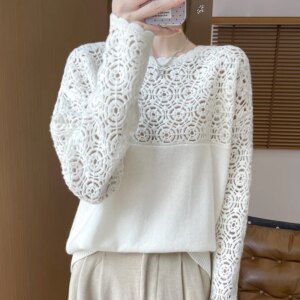 Women’s 100% Cashmere Hollow-Knit Crewneck Pullover – SS25 New Collection