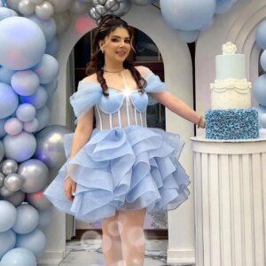 Customized Modern Style Off the Shoulder Ball Gown Pleat Ruched Tiered Knee-Length Organza Bespoke Occasion Dresses Evening