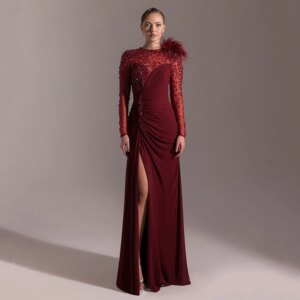 Burgundy Prom Dress Customized Long Sleeves Beading Sequined Chiffon Party Gown Pleat Split Feathers Evening Dresses