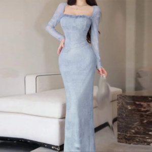 Customized Straight Prom Dresses Ankle-Length Full Sleeve Square Collar Evening Dresses Simple Draped Fashion Tight Fitting