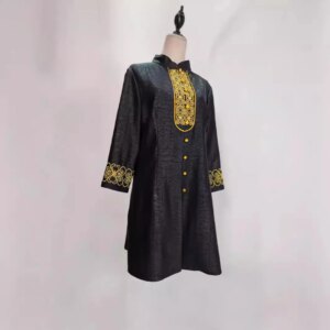 High Quality Xiangyun Yarn Black Embroidered Chinese Costume Women’s Midi Dress Summer Retro National Style Silk Design Real