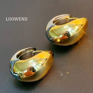 LUOWEND 100% 18K White+Yellow Gold Earrings Fashion INS Style Hoop Earrings for Women High Party Jewelry Elegant Lady Style