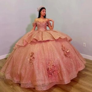 Rose Gold Quinceanera Dresses Ball Gown Off The Shoulder Floral Sparkle Applique Sweet 16 Dresses 15 Años Mexican Customized