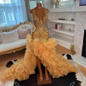 EVLAST Customized Gold Sparkly Mermaid Prom Party Dress for Black Girl Beaded Ruffles Skirt Evening Gown Vestidos De Gala P127