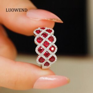 LUOWEND 100% 18K White Gold Rings Luxury Shiny Design Natural Diamond Natural Ruby Engagement Ring for Women High Party Jewelry