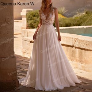 Elegant Boho A line Wedding DressV neck lace applique chiffon bride dress robe de mariee A line Wedding Bridal Gown