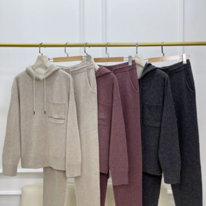 Autumn Women’s Beaded Knitted Set Long Sleeve Hooded Sweater or Elastic Waist Straight Long Pants Casual Ladies Two-Piece Suit