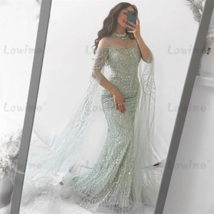 Sage Green Arabic Dubai Evening Dresses With Cape Sleeves Elegant Beaded Crystals Formal Party Gown Vestidos Noche Customized