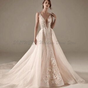 Classic Wedding Dresses Women V Neck Sleeveless A Line Chapel Train Backless Floor Length High Quality Marriage Female Gowns
