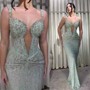 Stylish Evening Dresses Sequins Rhinestone Prom Dress Spaghetti Straps Illusion Sleeveless Mermaid Party Gowns Vestidos De Noche