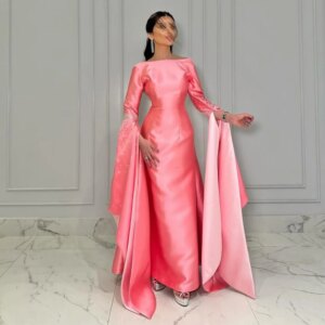 Elegant Evening Dress Dubai Hot Pink Satin Boat Neck Mermaid Evening Gowns for Women 2024 Beading Sleeves Formal Party Dresses