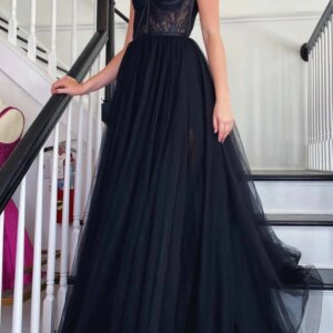 Vintage Long Black Strapless Tulle Prom Dresses Sleeveless A Line Floor Length فساتين سهرة سعودي 2024