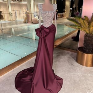 Couture Burgundy Satin Prom Dress Square Neck Long Sleeve Wedding Reception Gowns Arabic Engagement Events Gowns Customized 2025