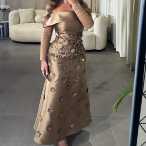 Customized A-Line Prom Dresses Ankle-Lengt Boat Neck Full Sleeve Evening Gown Fashion Flowers Simple Draped Party Dresses